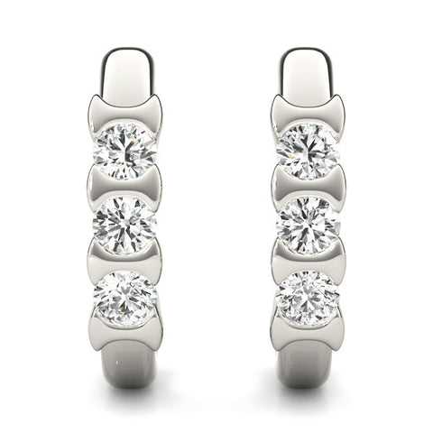 White gold Channel Set Round Diamond Hoop Earrings with Claw Prong Setting