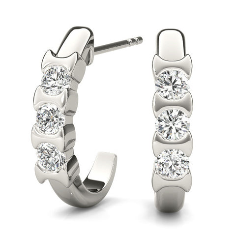 White gold Channel Set Round Diamond Hoop Earrings with Claw Prong Setting