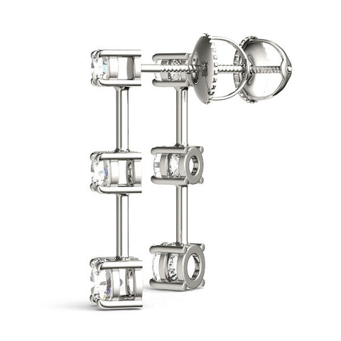 White gold Three-Stone Round Cut Drop Earrings with Prong Setting