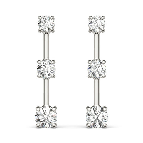 White gold Three-Stone Round Cut Drop Earrings with Prong Setting
