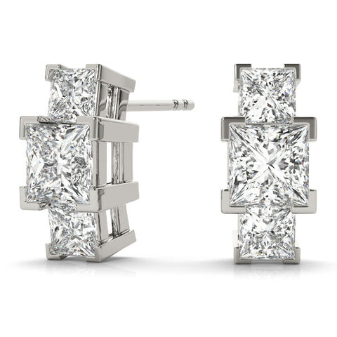 White gold Three-Stone Princess Cut Channel Set Earrings with Bar Prong Setting