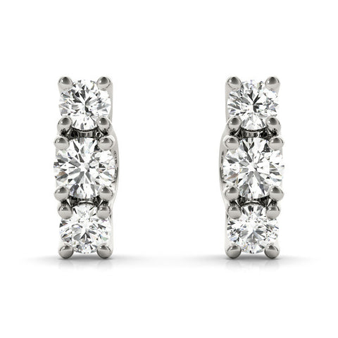 White gold Three-Stone Round Diamond Channel Band Prong-Set Earrings