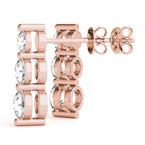 Rose gold Three-Stone Round Diamond Drop Earrings with Prong Setting on White Gold