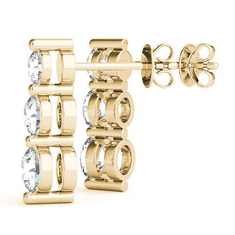 Yellow gold Three-Stone Round Diamond Drop Earrings with Prong Setting on White Gold