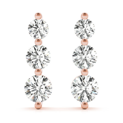 Rose gold Three-Stone Round Diamond Drop Earrings with Prong Setting on White Gold