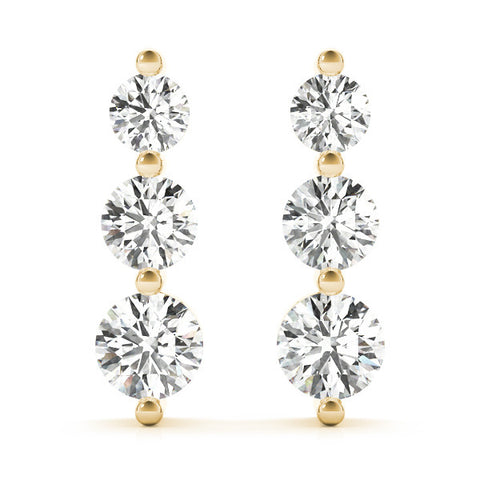 Yellow gold Three-Stone Round Diamond Drop Earrings with Prong Setting on White Gold