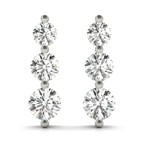 White gold Three-Stone Round Diamond Drop Earrings with Prong Setting on White Gold