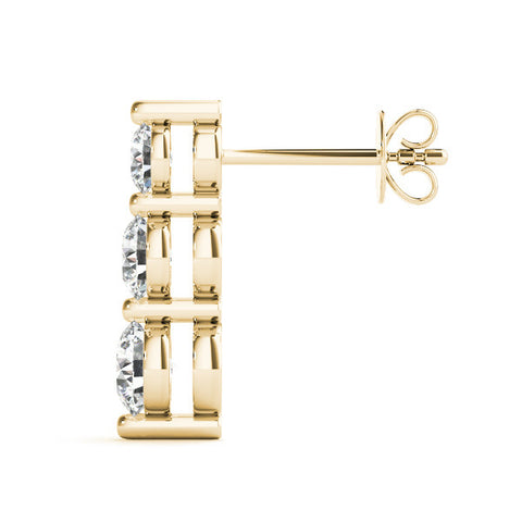 Yellow gold Three-Stone Round Diamond Drop Earrings with Prong Setting on White Gold