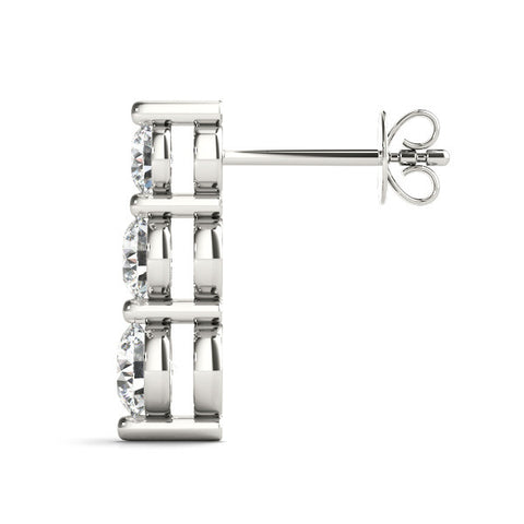 White gold Three-Stone Round Diamond Drop Earrings with Prong Setting on White Gold