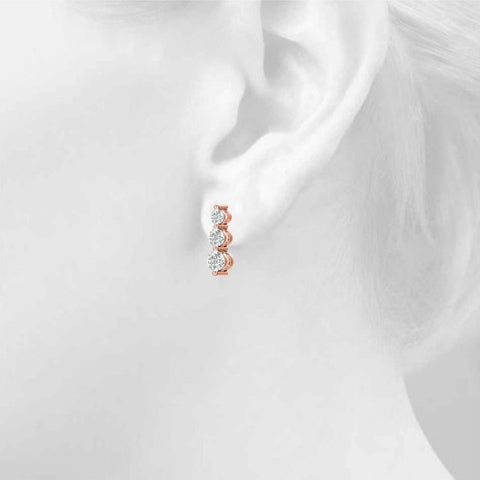 Rose gold Three-Stone Round Diamond Drop Earrings with Prong Setting on White Gold