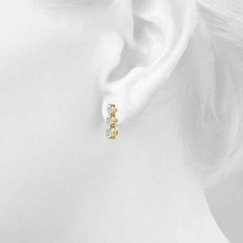 Yellow gold Three-Stone Round Diamond Drop Earrings with Prong Setting on White Gold