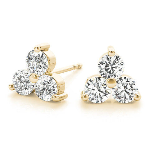 Yellow gold Triangular Cluster Round Diamond Stud Earrings with Prong Setting