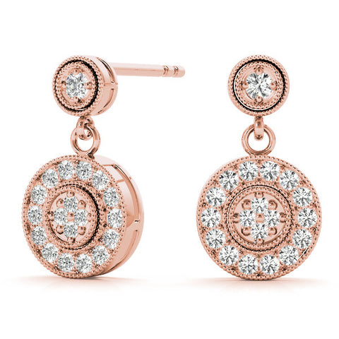Rose gold Round Halo Diamond Drop Earrings with Milgrain Bezel Setting