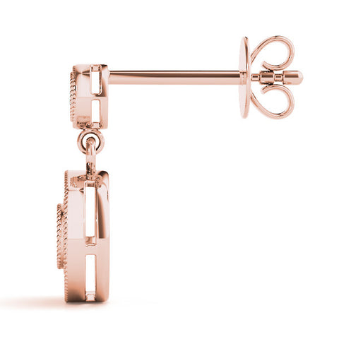 Rose gold Round Halo Diamond Drop Earrings with Milgrain Bezel Setting