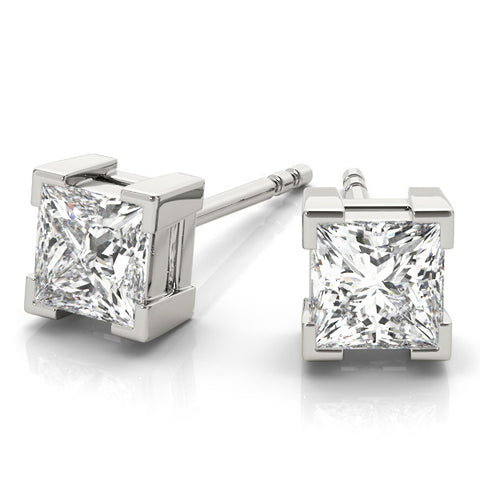 White gold Princess Cut Diamond Stud Earrings with Square Prong Setting in White Gold
