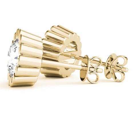 Yellow gold Round Diamond Flower Halo Stud Earrings with Petal Prong Setting