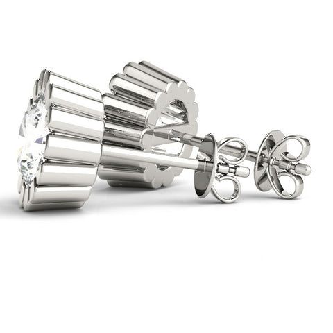 White gold Round Diamond Flower Halo Stud Earrings with Petal Prong Setting