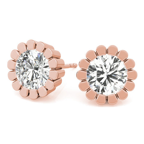 Rose gold Round Diamond Flower Halo Stud Earrings with Petal Prong Setting