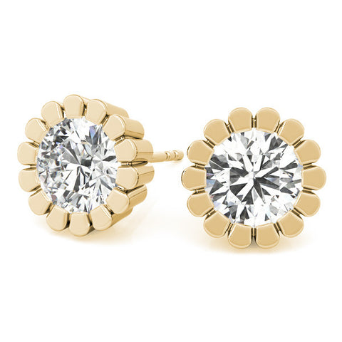 Yellow gold Round Diamond Flower Halo Stud Earrings with Petal Prong Setting