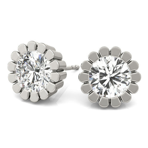 White gold Round Diamond Flower Halo Stud Earrings with Petal Prong Setting