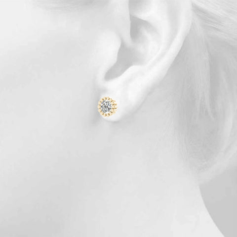 Yellow gold Round Diamond Flower Halo Stud Earrings with Petal Prong Setting