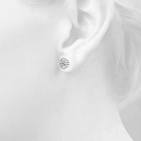 White gold Round Diamond Flower Halo Stud Earrings with Petal Prong Setting