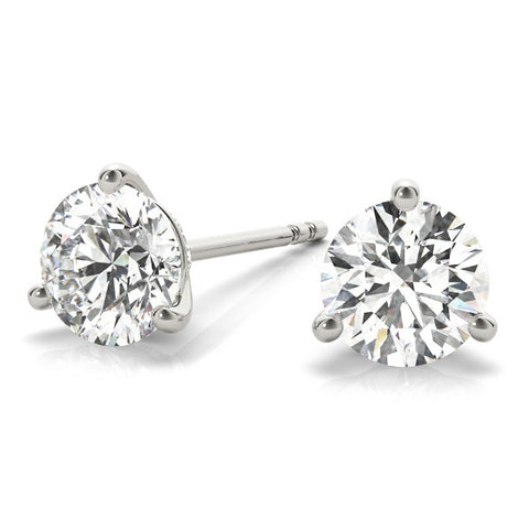 White gold Round Cut Diamond Stud Earrings with Three-Prong Martini Setting on White Gold Post