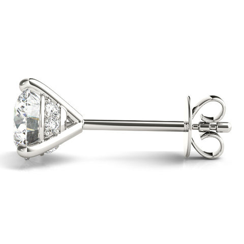 White gold Round Cut Diamond Stud Earrings with Three-Prong Martini Setting on White Gold Post