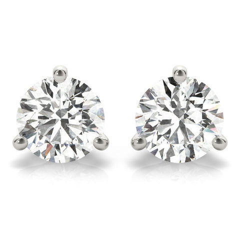 White gold Round Cut Diamond Stud Earrings with Three-Prong Martini Setting on White Gold Post