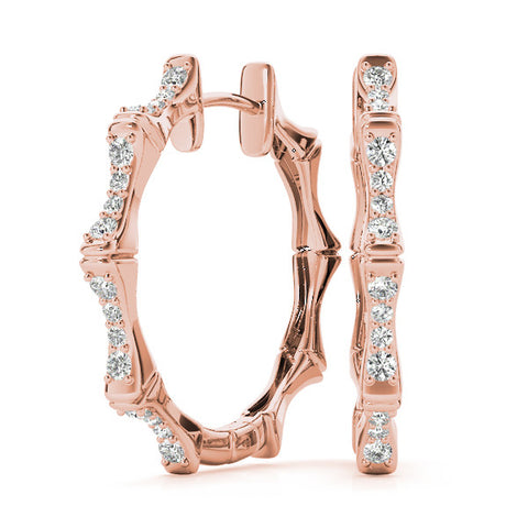 Rose gold Round Diamond Pavé Bamboo Hoop Earrings with Four-Prong Setting 1