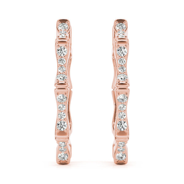 Rose gold Round Diamond Pavé Bamboo Hoop Earrings with Four-Prong Setting 2