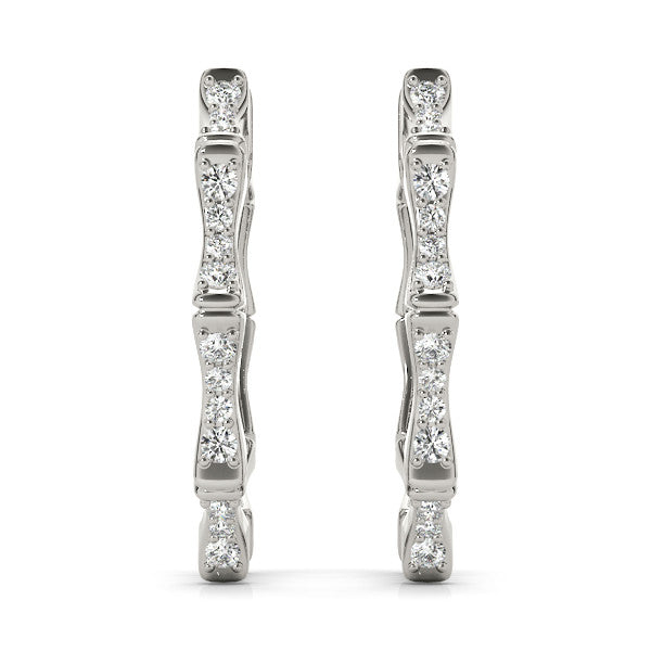 White gold Round Diamond Pavé Bamboo Hoop Earrings with Four-Prong Setting 2