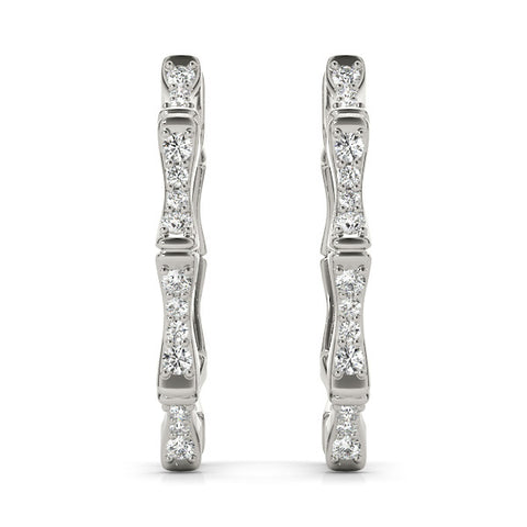 White gold Round Diamond Pavé Bamboo Hoop Earrings with Four-Prong Setting 2