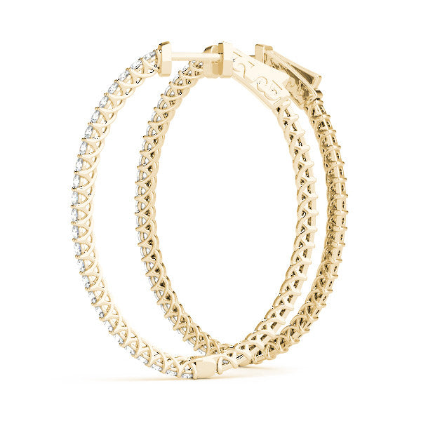 Yellow gold Round Cut Pave Diamond Hoop Earrings with Prong Setting 2