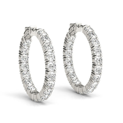 White gold Round Cut Diamond Inside-Out Hoop Earrings with Shared Prong Setting