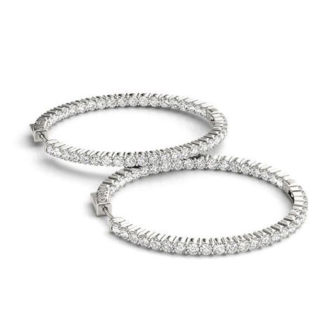 White gold Round Diamond Eternity Hoop Earrings with Pavé Setting and Shared Prong