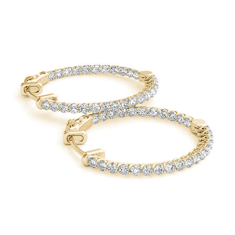 Yellow gold Round Cut Pavé Diamond Hoop Earrings with Four-Prong Setting