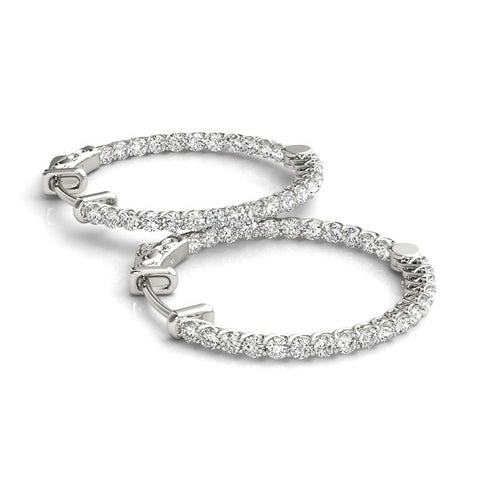 White gold Round Cut Pavé Diamond Hoop Earrings with Four-Prong Setting