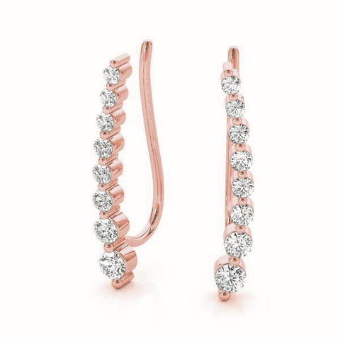 Rose gold Round Diamond Climber Earrings with Prong Setting on Curved Band