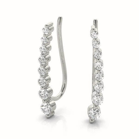 White gold Round Diamond Climber Earrings with Prong Setting on Curved Band