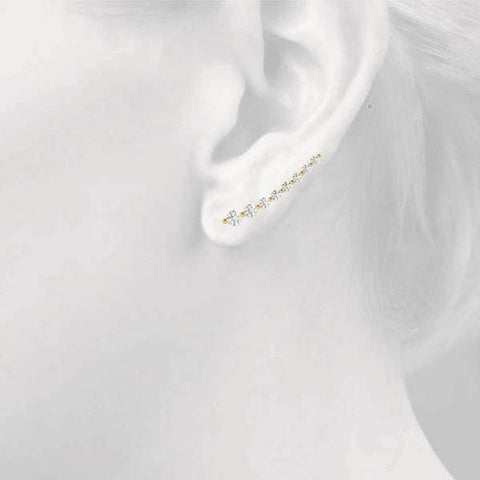 Yellow gold Round Diamond Climber Earrings with Prong Setting on Curved Band