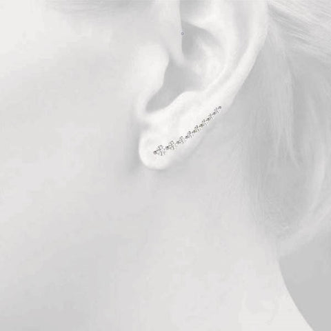White gold Round Diamond Climber Earrings with Prong Setting on Curved Band