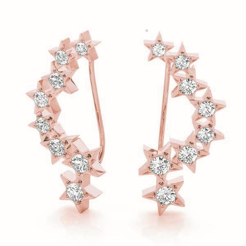 Rose gold Star Cluster Diamond Crescent Earrings with Round Cut Stones on a Curved Band and Prong Setting