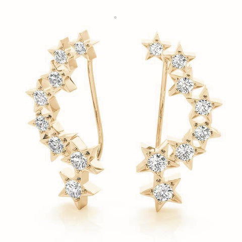 Yellow gold Star Cluster Diamond Crescent Earrings with Round Cut Stones on a Curved Band and Prong Setting