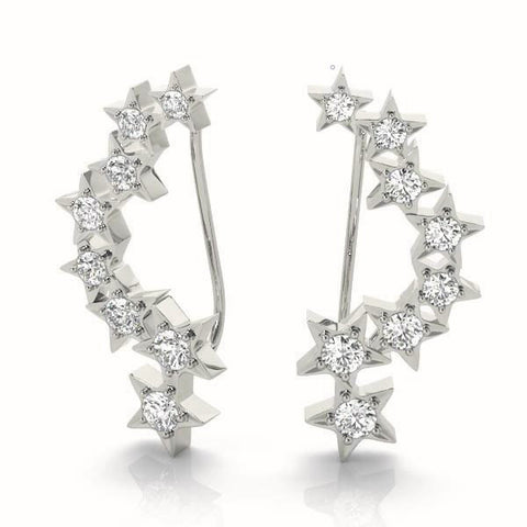 White gold Star Cluster Diamond Crescent Earrings with Round Cut Stones on a Curved Band and Prong Setting