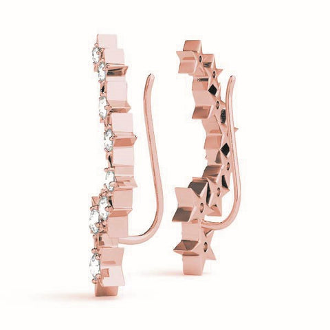 Rose gold Star Cluster Diamond Crescent Earrings with Round Cut Stones on a Curved Band and Prong Setting