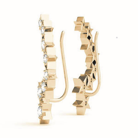 Yellow gold Star Cluster Diamond Crescent Earrings with Round Cut Stones on a Curved Band and Prong Setting