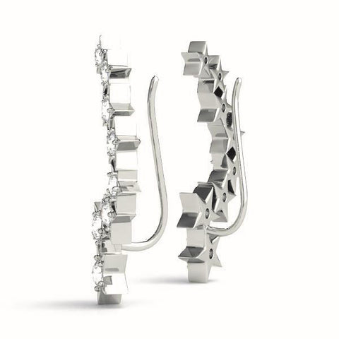 White gold Star Cluster Diamond Crescent Earrings with Round Cut Stones on a Curved Band and Prong Setting