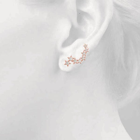 Rose gold Star Cluster Diamond Crescent Earrings with Round Cut Stones on a Curved Band and Prong Setting