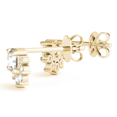 Yellow gold Cluster Round Diamond Stud Earrings with White Gold Band and Four-Prong Setting